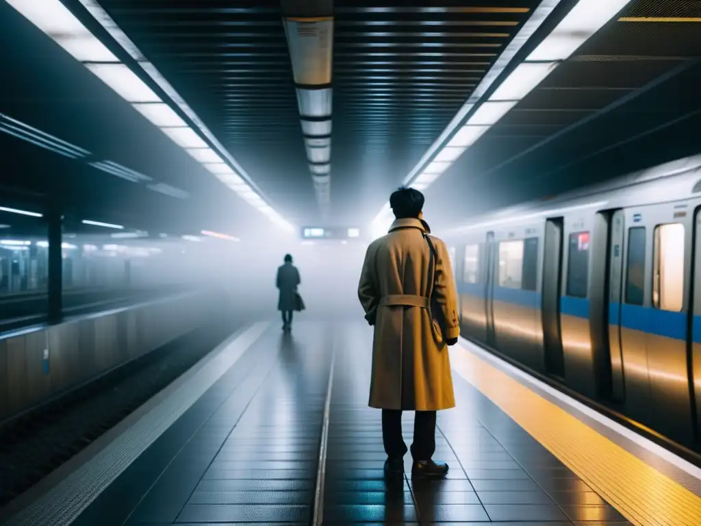 Figura misteriosa en plataforma del metro de Shibuya En la estación de metro Shibuya, una figura solitaria en la penumbra, rodeada de brumas fantasmales y luces titilantes
