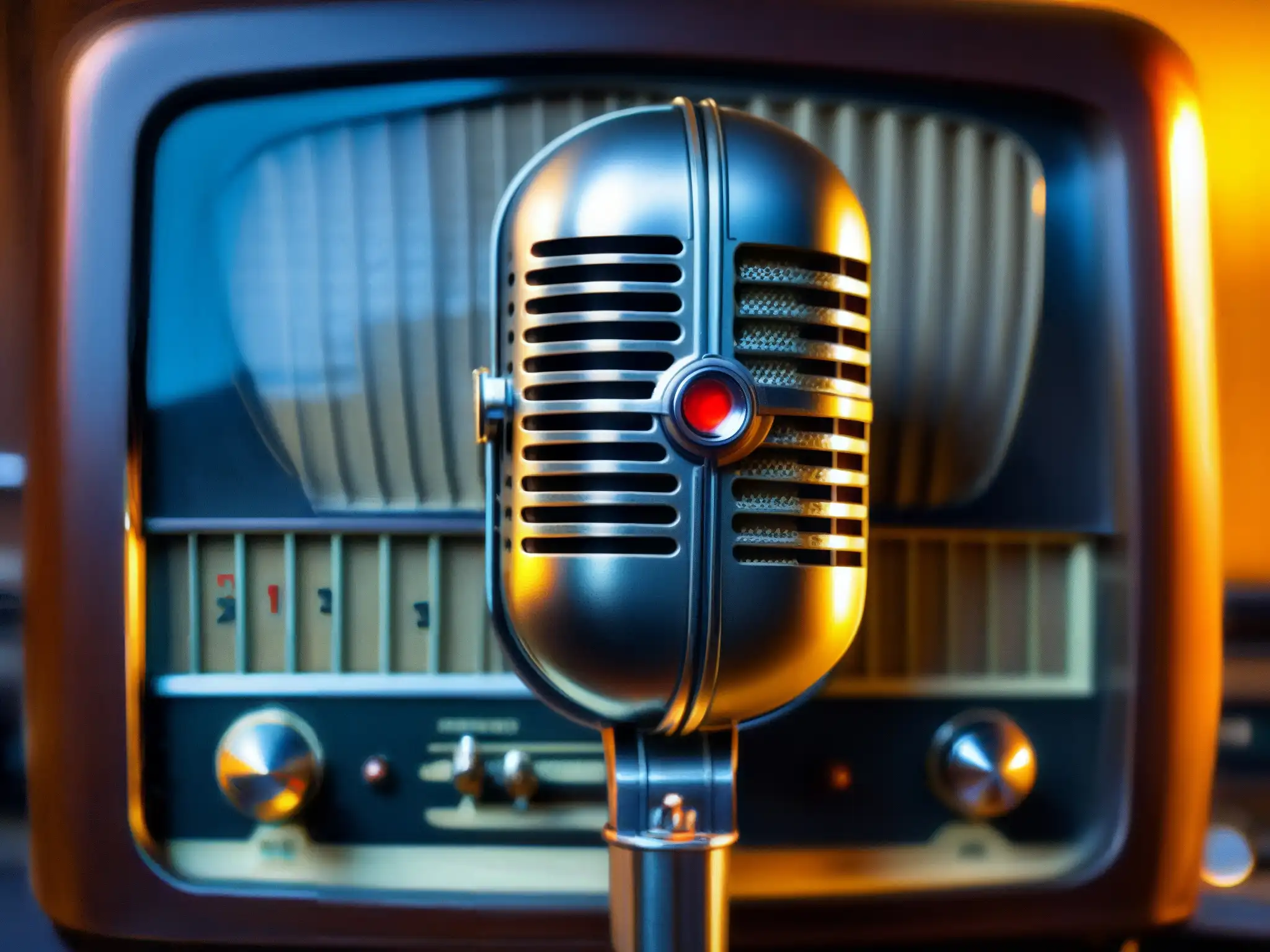 Micrófono de época: nostalgia y misterio en la radio Un micrófono antiguo y desgastado frente a equipos de radio vintage, evocando el enigma detrás de la leyenda
