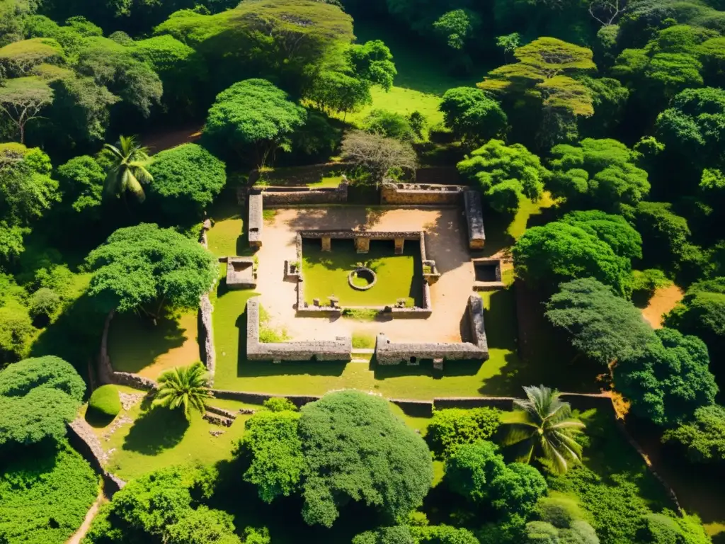 Misterio de Gedi en Kenia: ruinas antiguas rodeadas de exuberante vegetación, bañadas por la luz del sol que crea sombras dramáticas