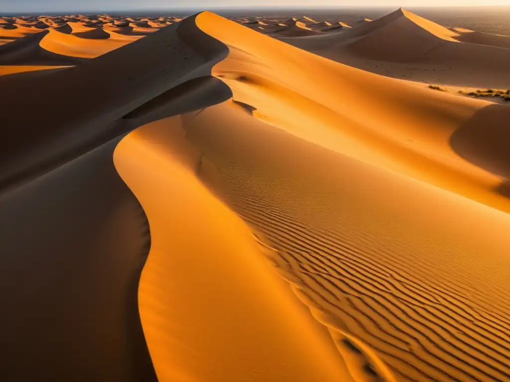 Desierto dorado: Atardecer mágico en el Sahara Misterio y belleza en las dunas doradas del Sahara, con la ciudad perdida de Zerzura entre las sombras