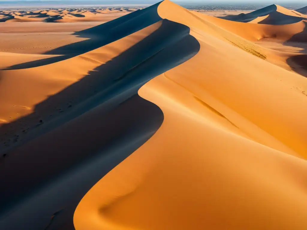 Deslumbrante vista aérea del místico desierto del Sahara El misterio de la Ciudad Perdida de Zerzura en el Sahara, con dunas doradas y un cielo azul hipnótico