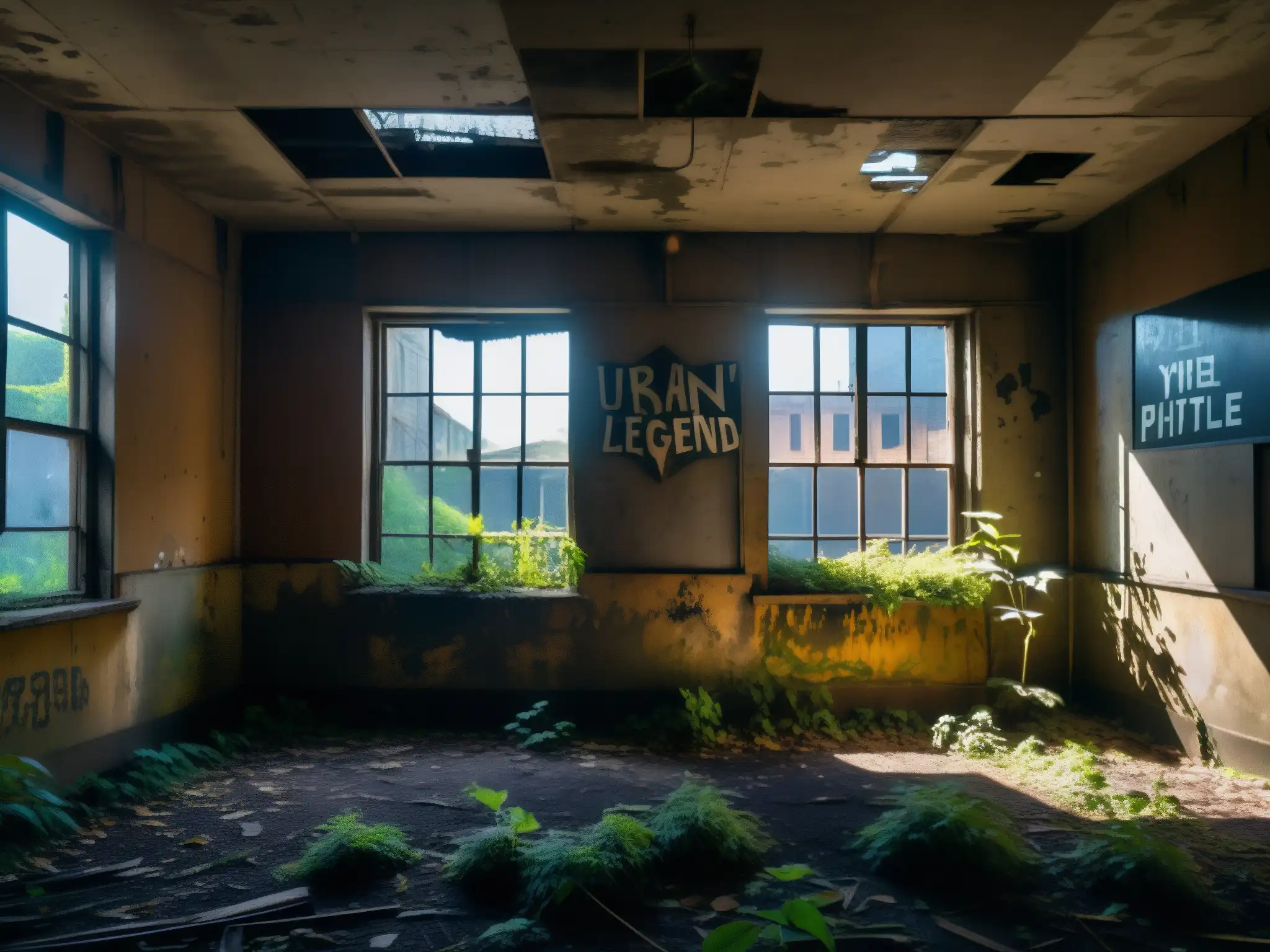 Escena misteriosa y desolada: Ruinas urbanas con entrada prohibida Explora el misterio y la inquietud de un lugar abandonado, con grafitis y una señal de 'Entrada Prohibida'
