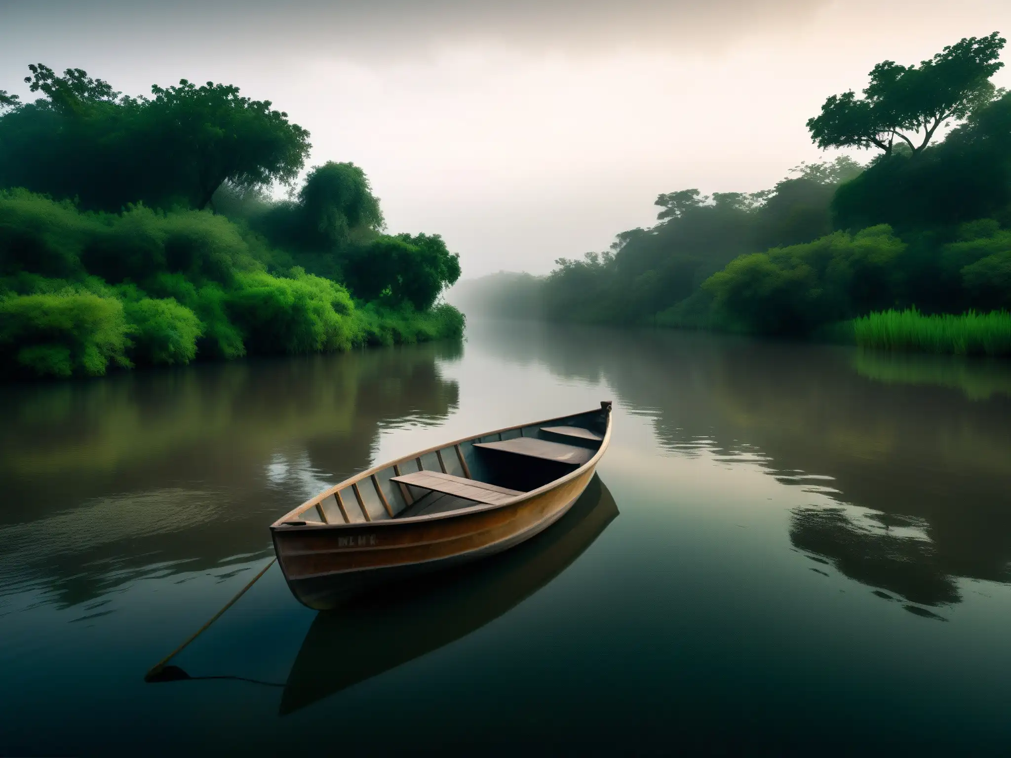 Misteriosa calma del río Tláhuac: barca solitaria y figura en la niebla El misterio del Niño del Bote Tláhuac: aguas turbias, bote solitario y misteriosa figura en la orilla bajo cielo nublado