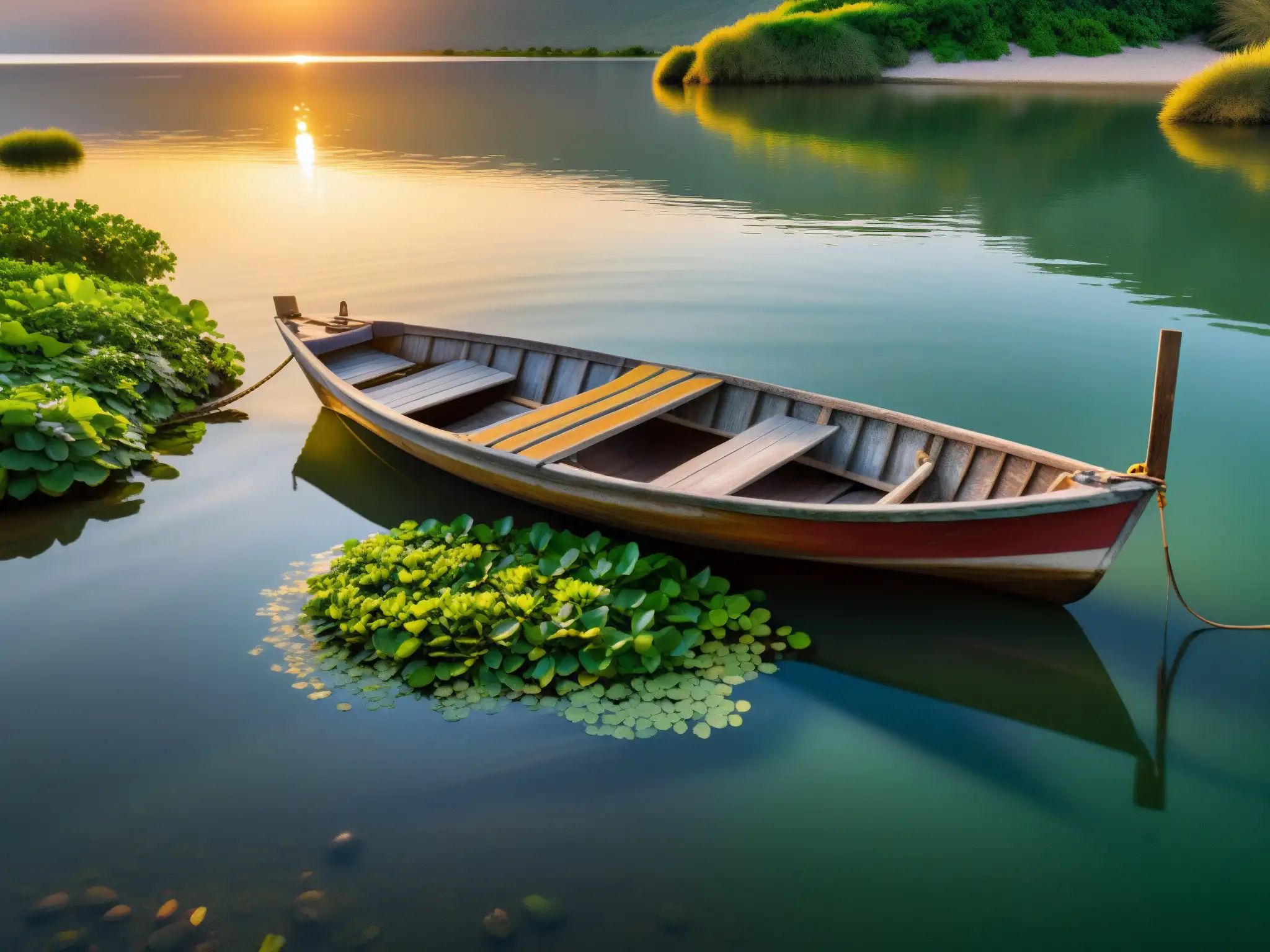 Barco antiguo en aguas tranquilas de Tláhuac al atardecer Misterio del Niño del Bote Tláhuac: Pequeño bote en aguas tranquilas al atardecer, rodeado de plantas acuáticas y bañado por una cálida luz dorada