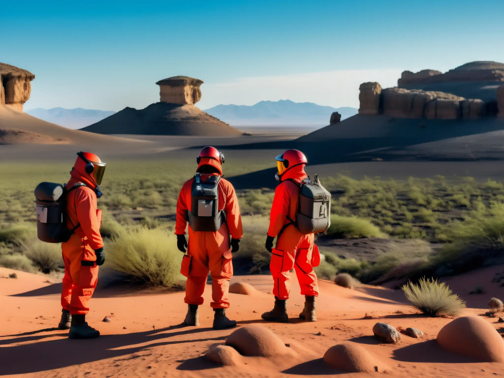 Exploración científica en la Zona del Silencio: Desierto misterioso Misterio en la Zona del Silencio en el desierto mexicano: científicos explorando un paisaje extraño y misterioso bajo un cielo rojo intenso