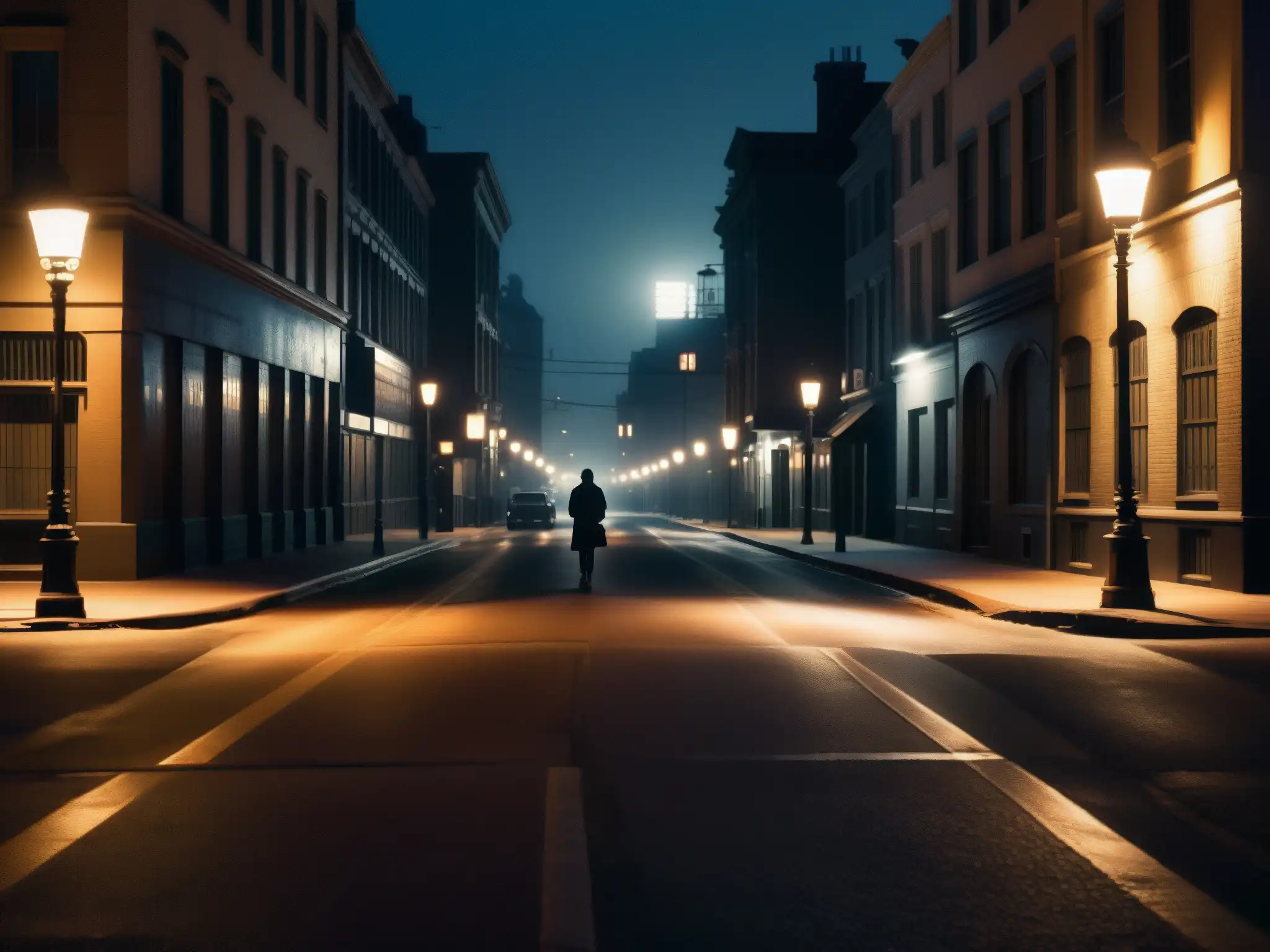 Calles sombrías: figura misteriosa en la noche urbana Una misteriosa calle de la ciudad de noche, con sombras inquietantes proyectadas por luces parpadeantes