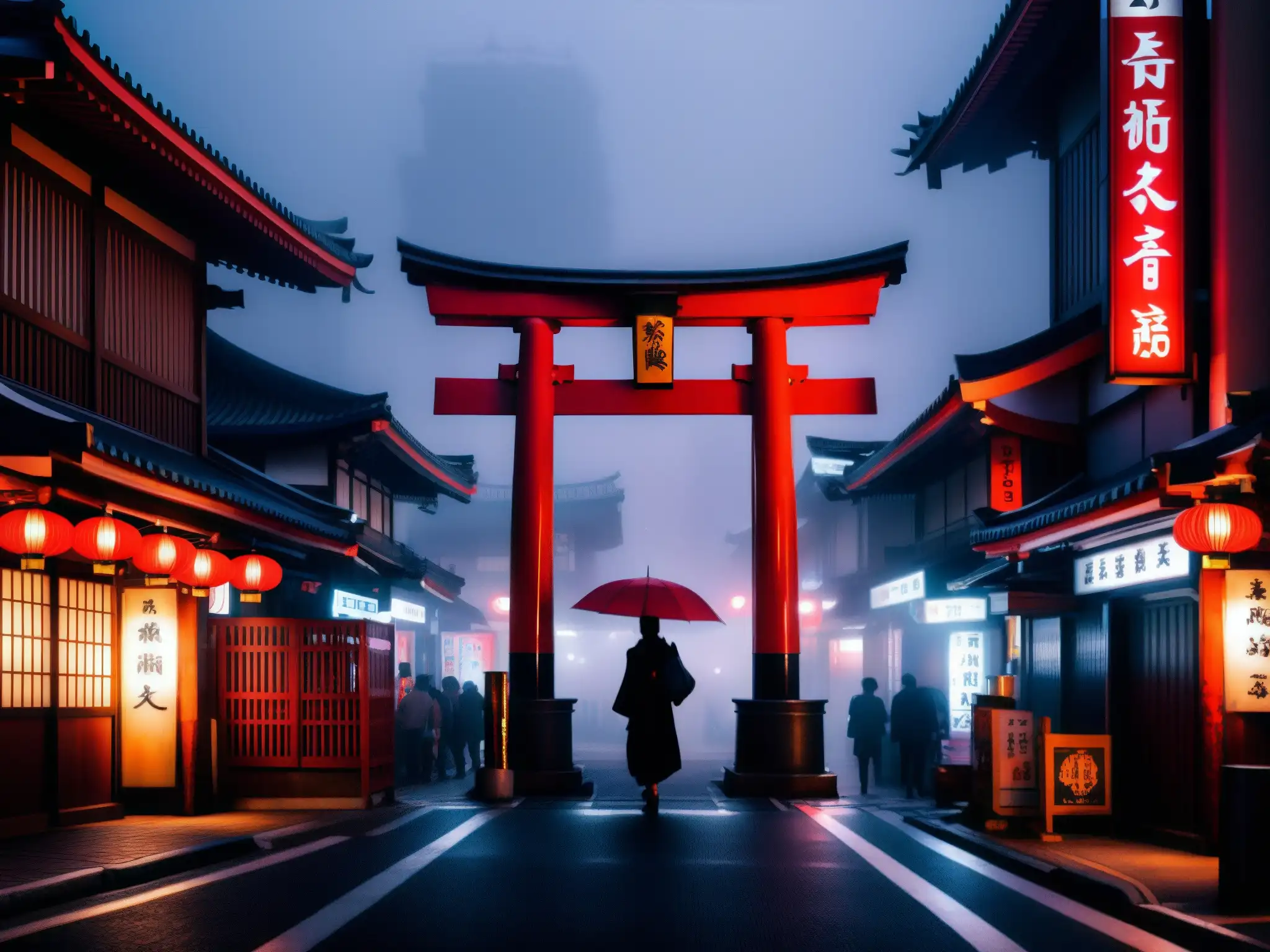 Una misteriosa calle de Tokio con neblina, torii rojo y figuras en la distancia