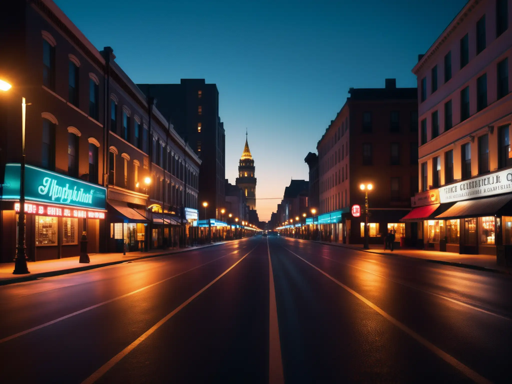 Calles nocturnas misteriosas: luces y sombras urbanas Una misteriosa calle nocturna con luces de neón y sombras, ideal para análisis psicológico leyendas urbanas