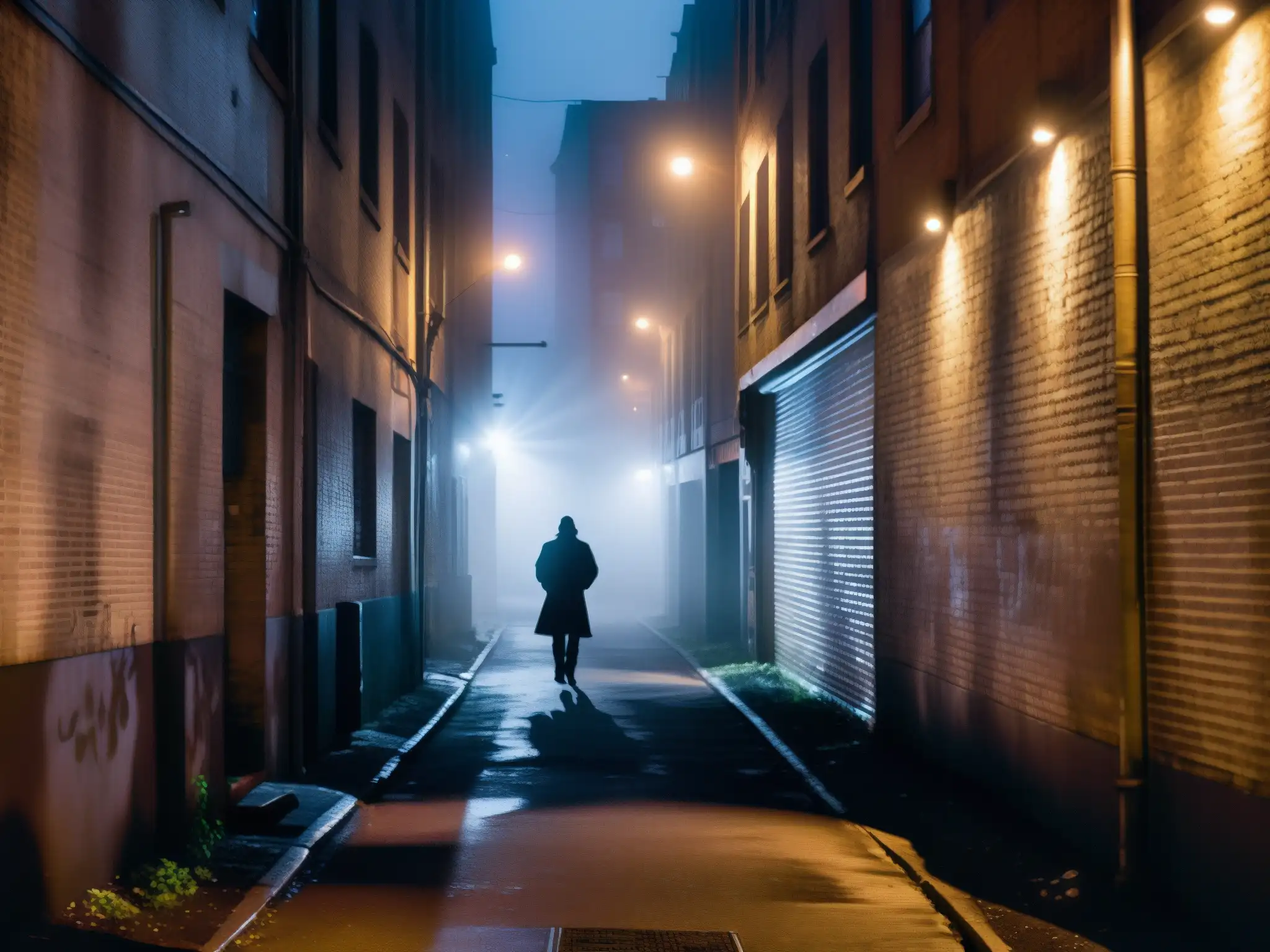 Alley urbano embrujado: misterio y sombras en la noche Una misteriosa calle urbana nocturna con neblina, sombras y grafitis evocando leyendas urbanas