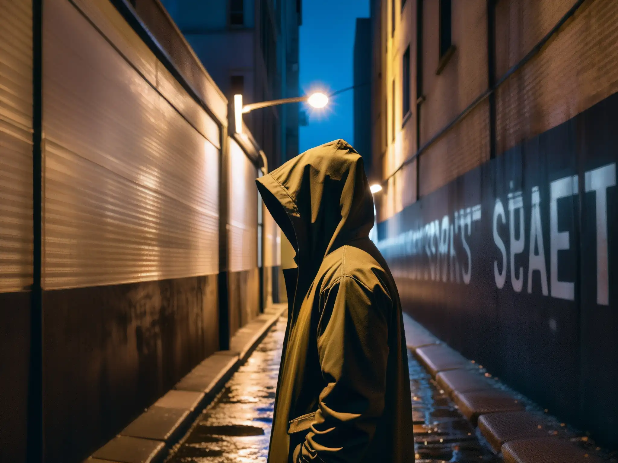 Alleyway nocturno con misterio y sombras Una misteriosa callejuela urbana de noche, con luces titilantes y sombras alargadas