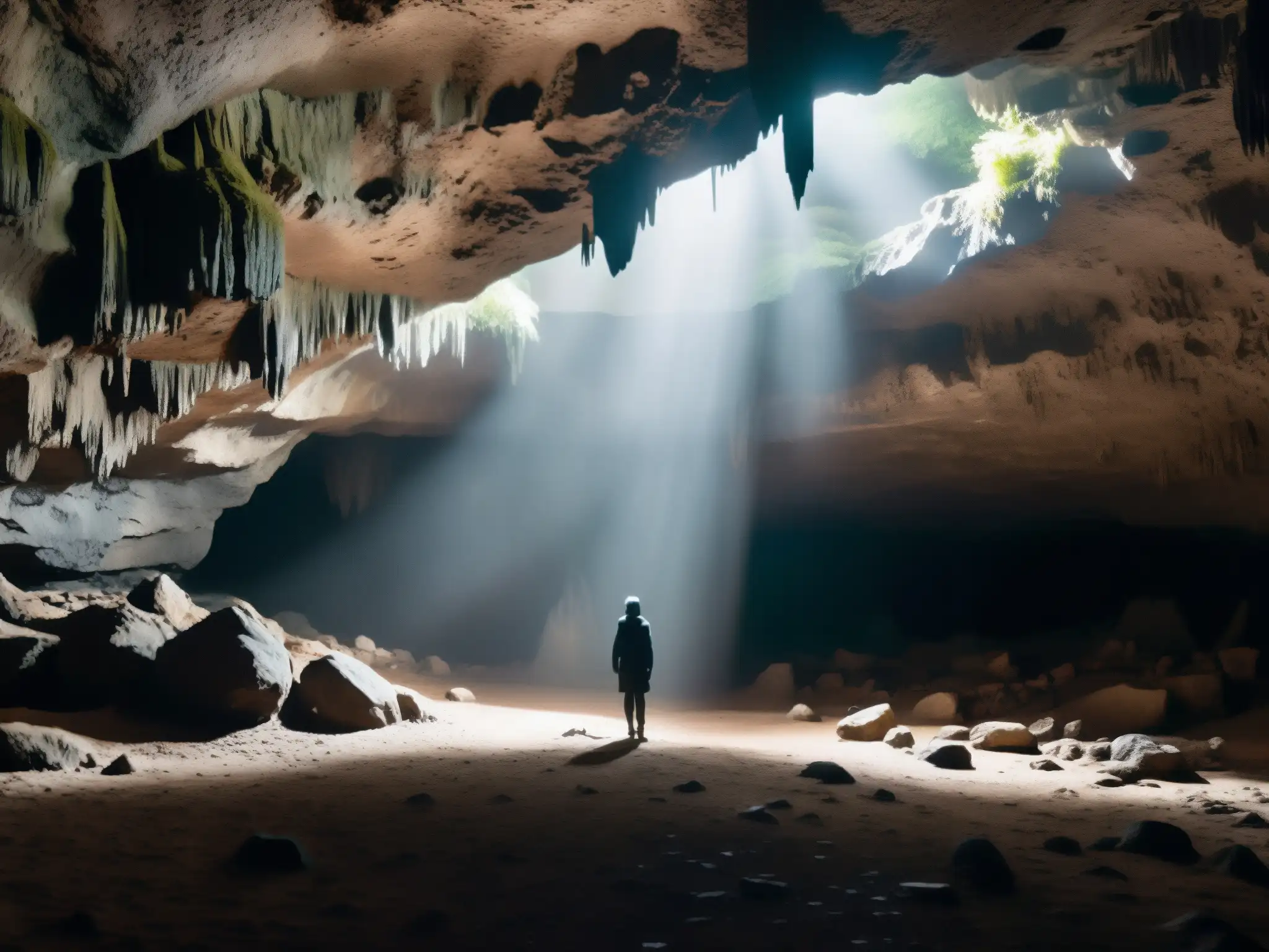 Misteriosa cueva subterránea entre bosque denso La misteriosa caverna subterránea, con sombras inquietantes, estalactitas y una figura enigmática, rodeada de un bosque denso