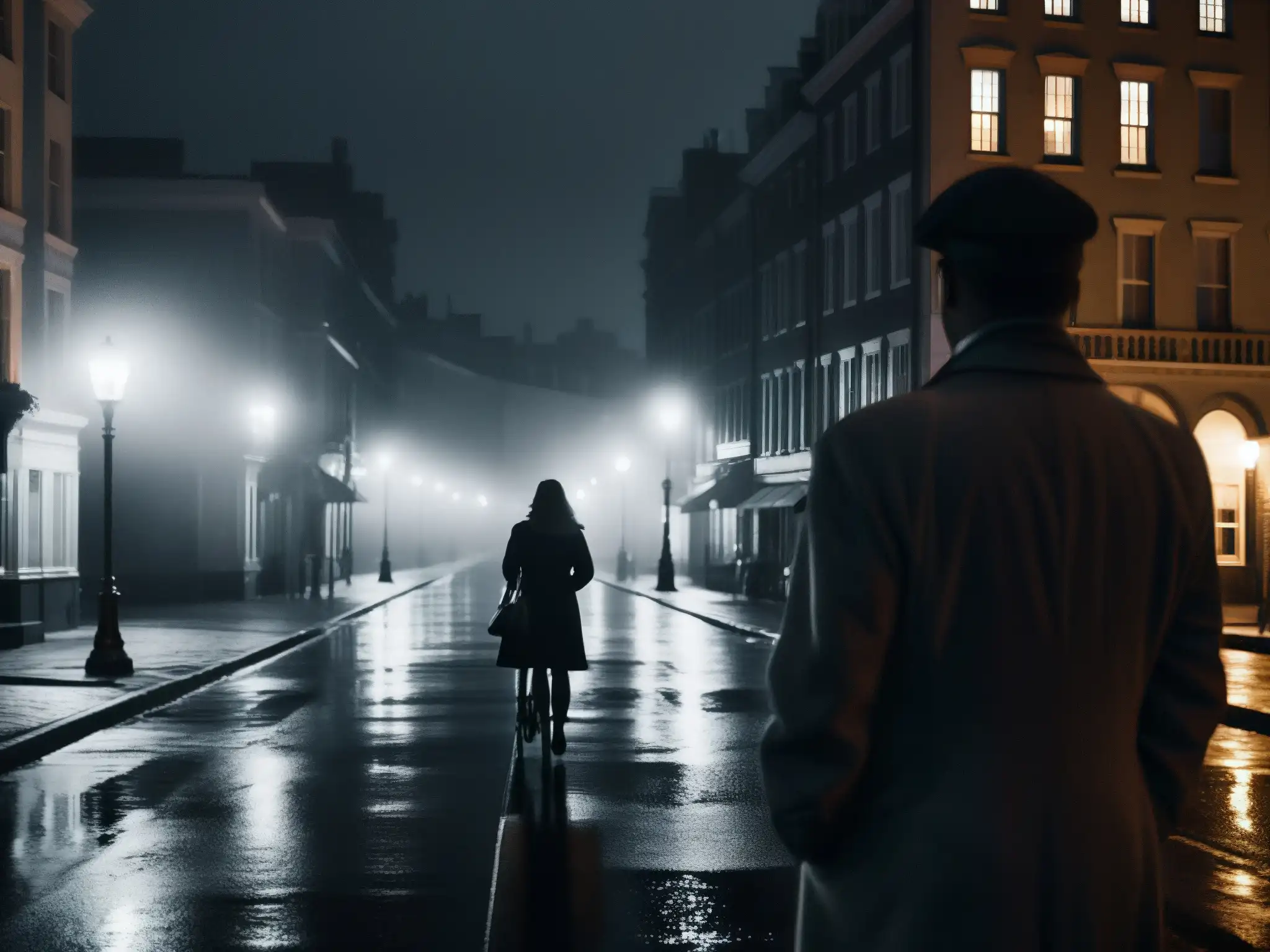 Una misteriosa ciudad nocturna con sombras inquietantes y una figura en la distancia, evocando leyendas urbanas y mitos