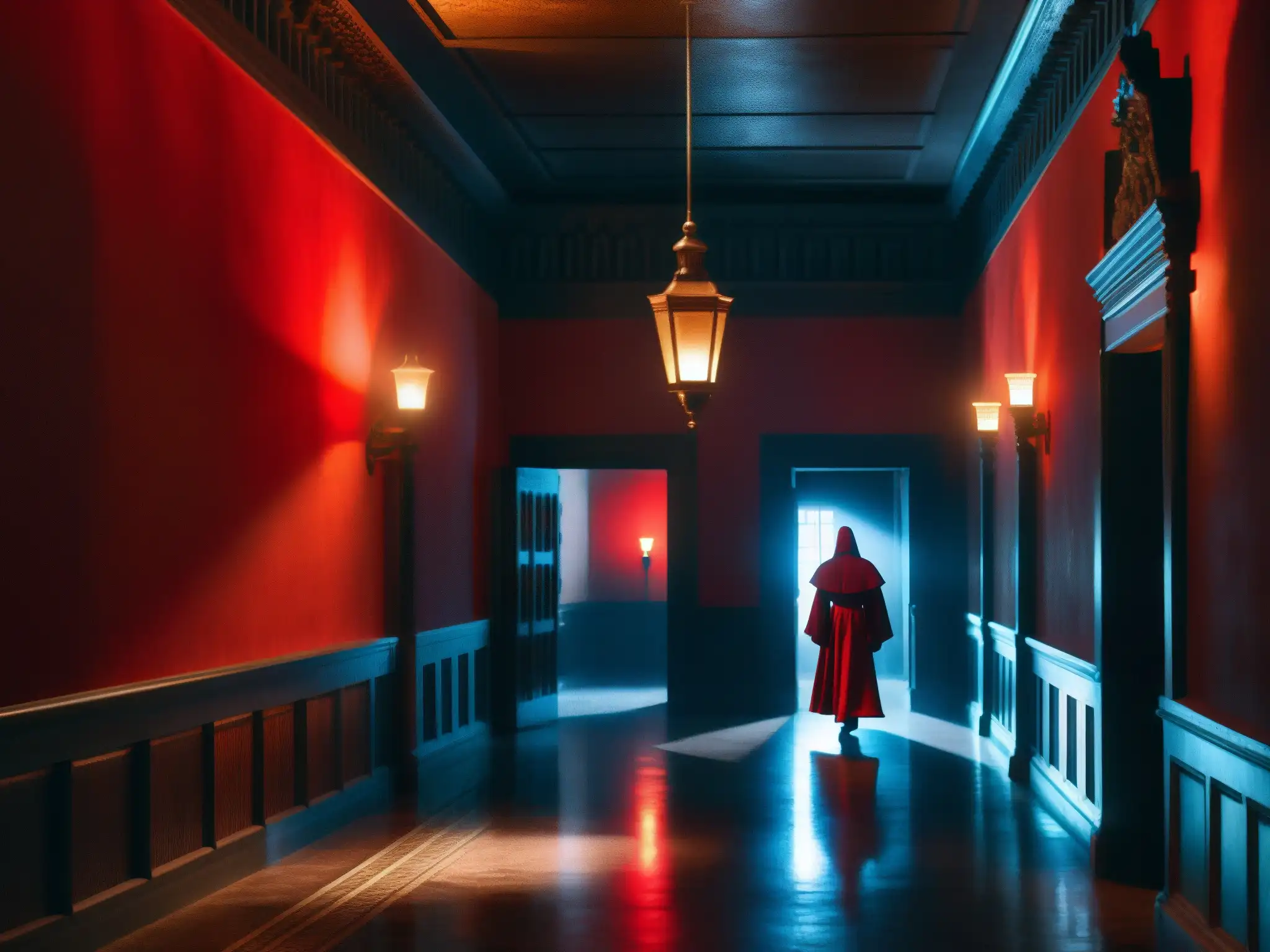 Fantasmal figura roja en Palacio de San Francisco: Intriga histórica en 8k La misteriosa Dama de rojo atraviesa los corredores del Palacio San Francisco, creando una atmósfera intrigante y paranormal