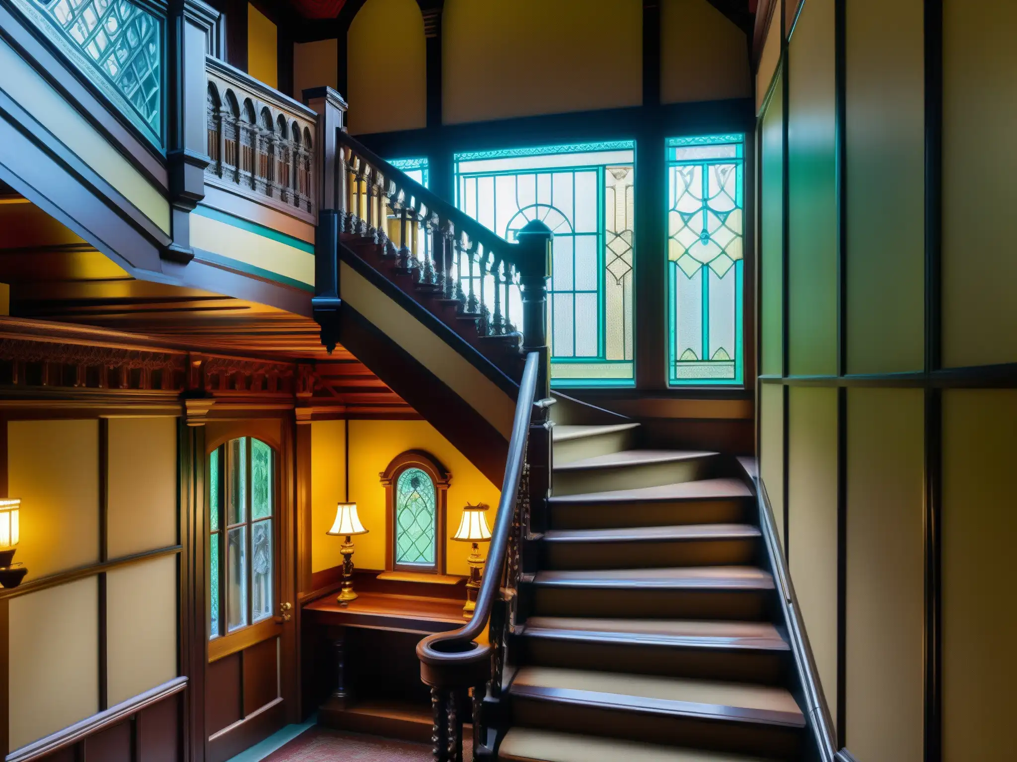 Interior misterioso y detallado de la Winchester Mystery House Explora la misteriosa Mansión Winchester, con sus escaleras serpenteantes, vitrales y la atmósfera de leyendas urbanas