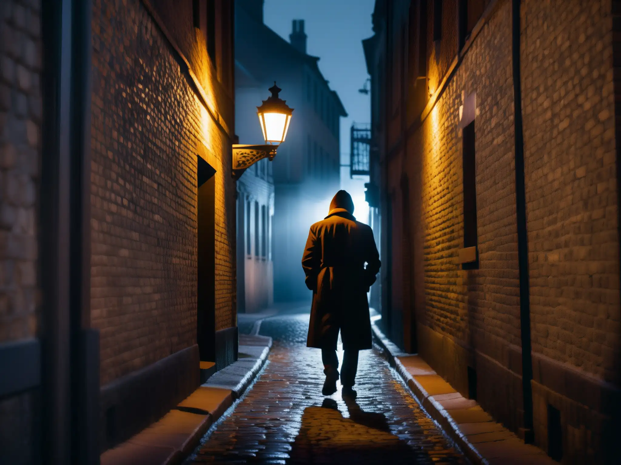 Una misteriosa figura camina por un oscuro callejón iluminado por una tenue luz