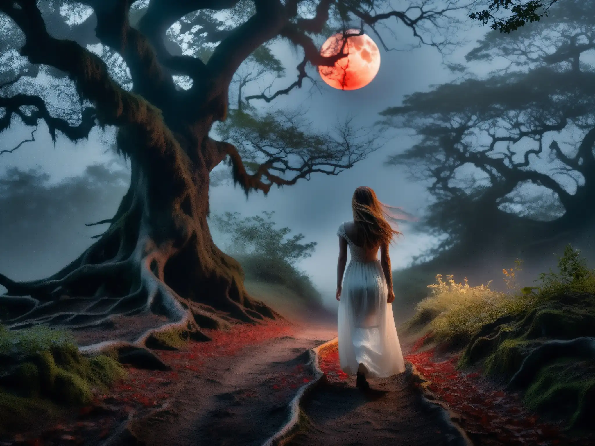 Figura misteriosa en el bosque nocturno, ojos rojos brillantes Una misteriosa figura en un oscuro sendero del bosque, con árboles retorcidos y la tenue luz de la luna