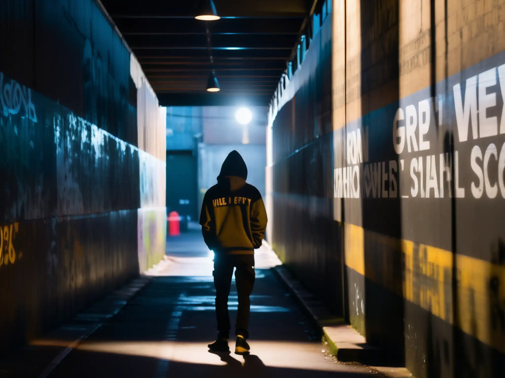 Una misteriosa imagen de un callejón urbano, con sombras largas, grafitis y luces tenues