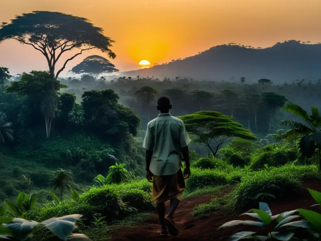 Jungla de Uganda al atardecer: el misterio del Ajalai Misteriosa jungla de Uganda al atardecer, con sombras largas y el monstruo devorador de sombras Uganda entre los árboles