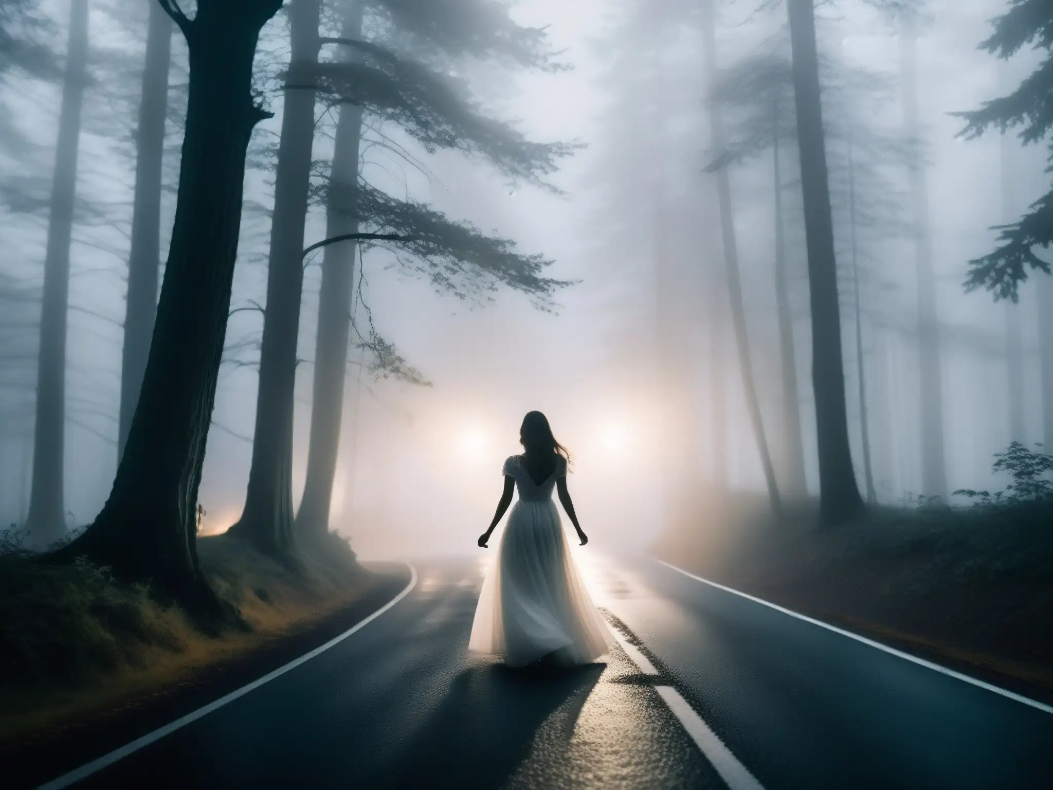 Figura fantasmal en el bosque nocturno: misterio y suspenso Una misteriosa mujer de blanco se alza en la niebla de la noche en un bosque, creando un aura de leyenda coreana