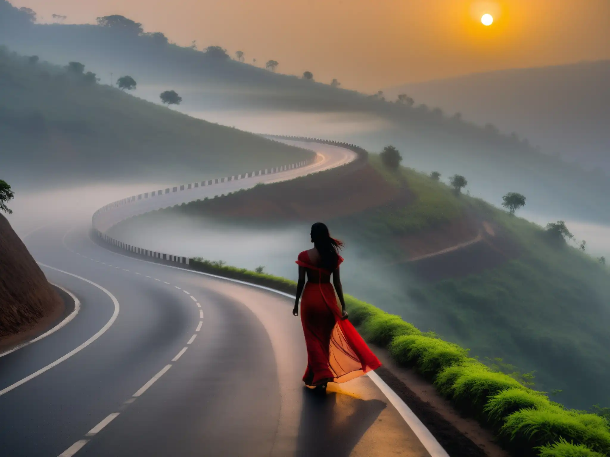 Silueta misteriosa en Kasara Ghat al anochecer Una misteriosa mujer de rojo se destaca en la brumosa carretera de Kasara Ghat al anochecer, creando un ambiente intrigante y fantasmal