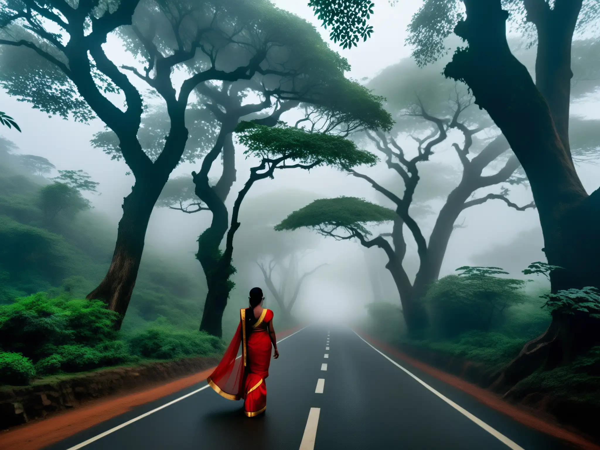 Misteriosa mujer de rojo desapareciendo en la neblina de Kasara Ghat Misteriosa mujer de rojo camina en la densa niebla de Kasara Ghat, evocando inquietud y misterio
