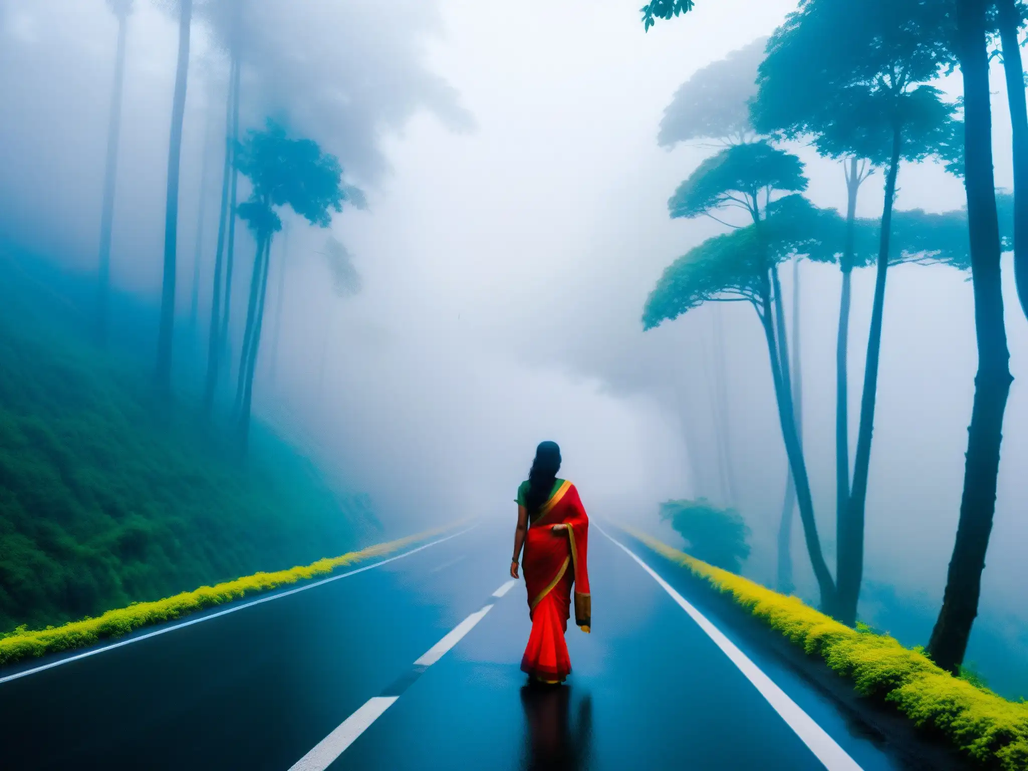 Misteriosa belleza en Kasara Ghat: Mujer en saree rojo entre la niebla Una misteriosa mujer de rojo en Kasara Ghat, envuelta en niebla matutina y rodeada de un paisaje intrigante