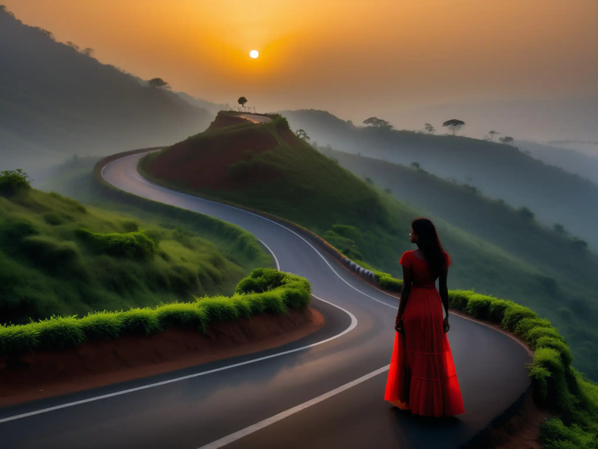 La misteriosa Mujer de Rojo: leyenda en Kasara Ghat al anochecer La misteriosa Mujer de rojo en Kasara Ghat, evocando la leyenda, en una foto de alta resolución al anochecer