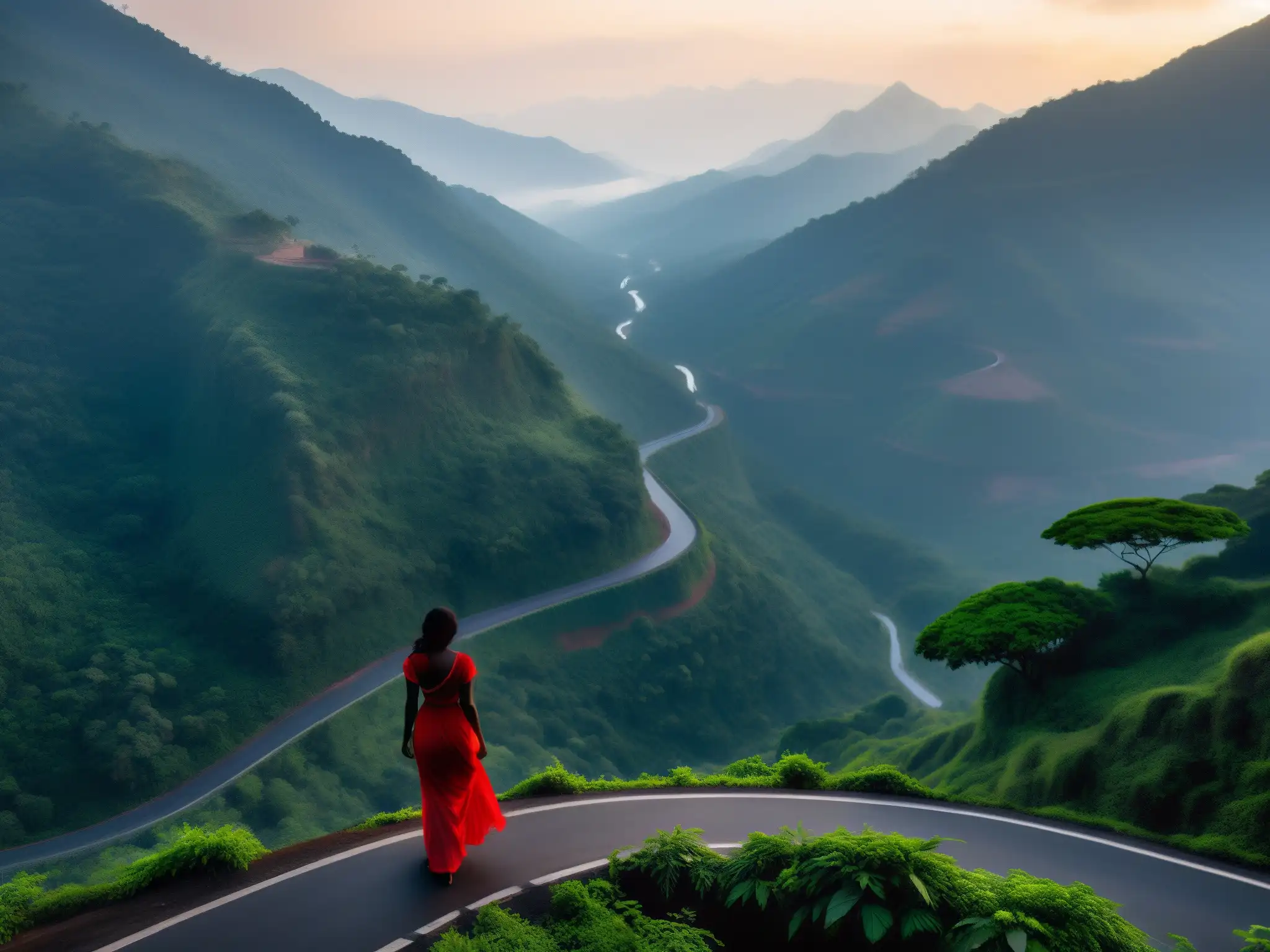 Misteriosa silueta en carretera de Kasara Ghat al atardecer Una misteriosa mujer de rojo en Kasara Ghat, parada en la carretera al atardecer, rodeada de densa jungla y montañas brumosas