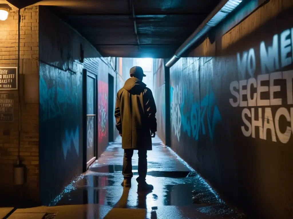 Alleyway misterioso con figura en sombra Misteriosa red de túneles urbanos, grafitis en las paredes, una figura solitaria en la entrada