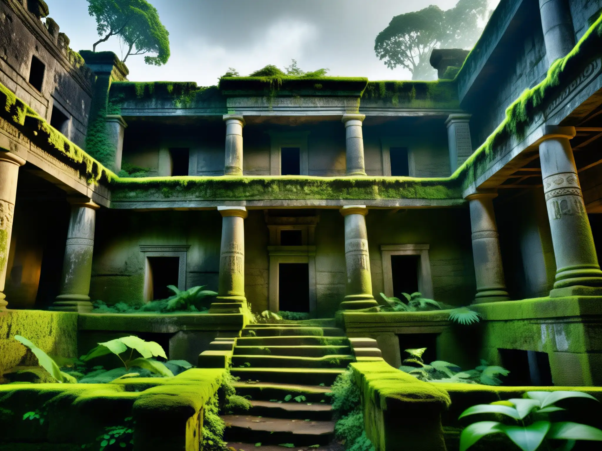 Ruinas ancestrales ocultas entre la neblina de la selva Misteriosa selva con ruinas antiguas entre la densa niebla, evocando mitos y leyendas urbanas reales