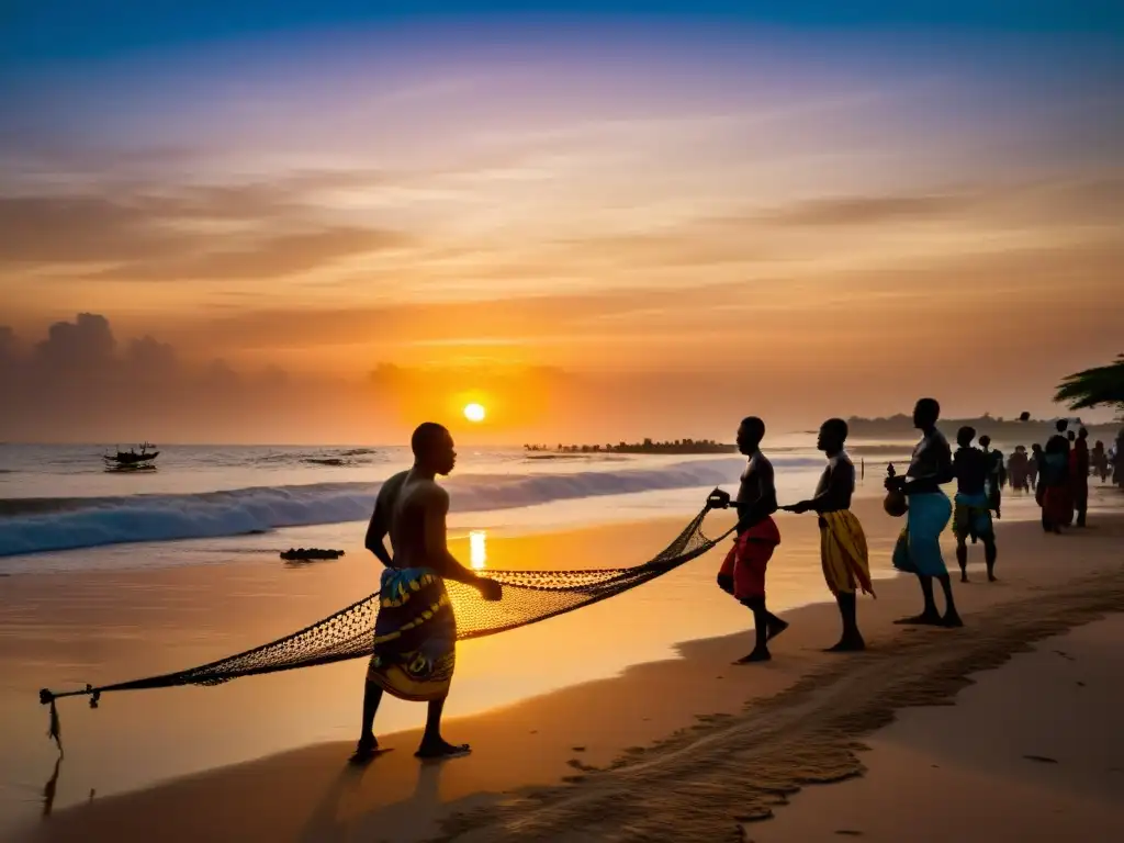 Mami Wata: leyenda costeña de Ghana Una misteriosa sirena Mami Wata emerge del mar al atardecer en una aldea costera de Ghana, mientras pescadores reparan sus redes en la playa
