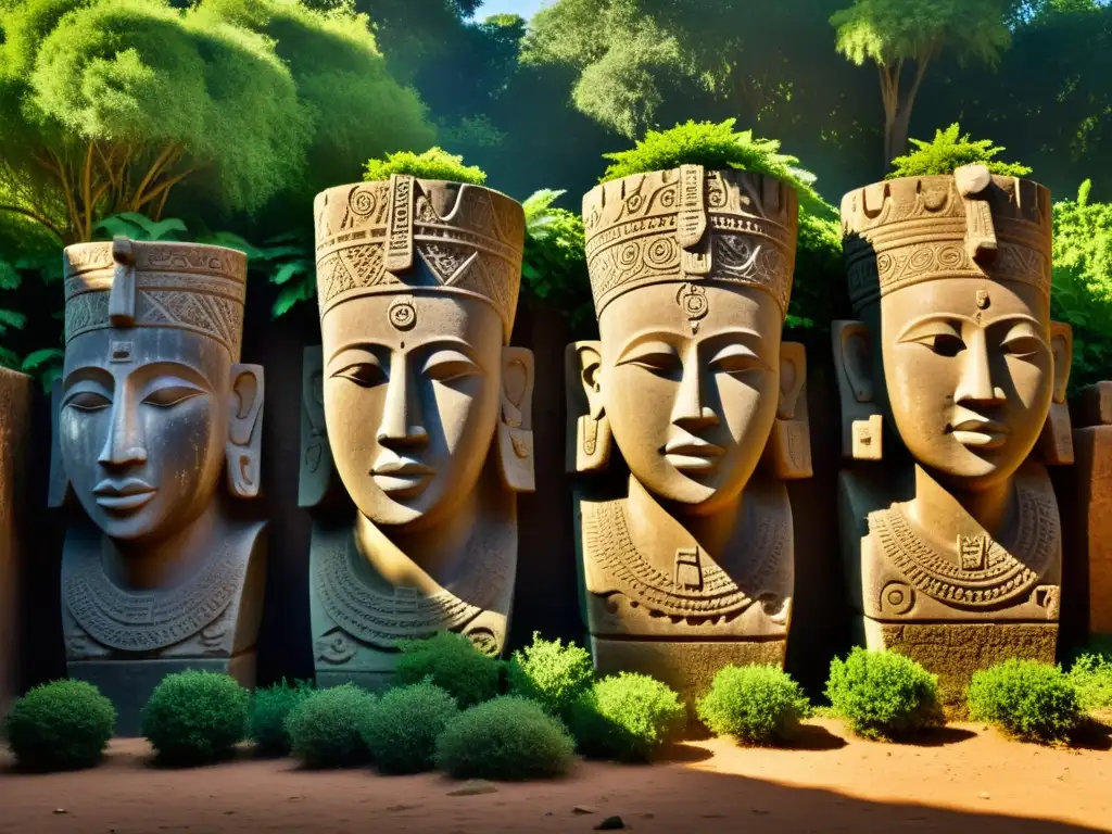 Figuras ancestrales de Senegambia: Misterio y detalle en alta resolución Misteriosas figuras de piedra con intrincadas tallas y texturas, rodeadas de exuberante vegetación y sombras dramáticas, evocando leyendas urbanas