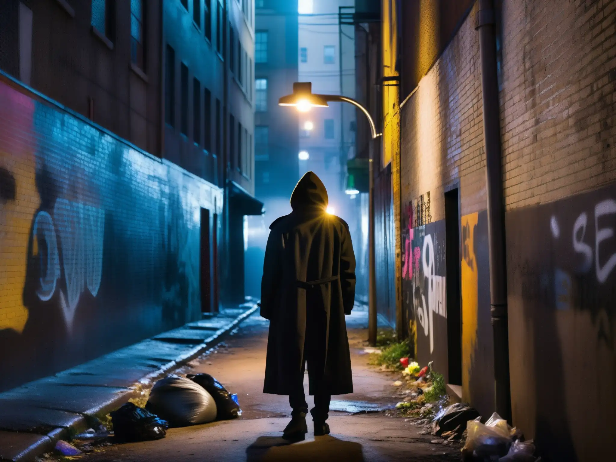 Alleyway de la Ciudad con Figura Sombría Un misterioso arquetipo de vampiro se alza en la oscura y grafitiada callejuela urbana