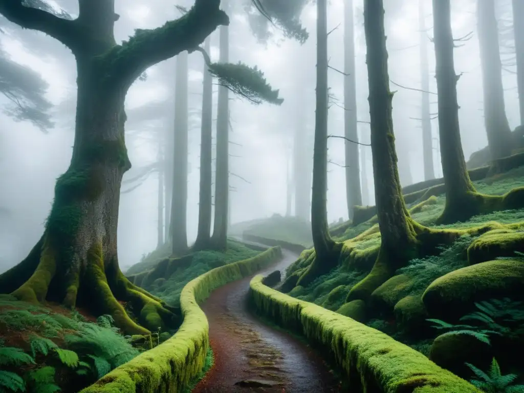 Un misterioso bosque en Galicia, España, con árboles antiguos cubiertos de musgo