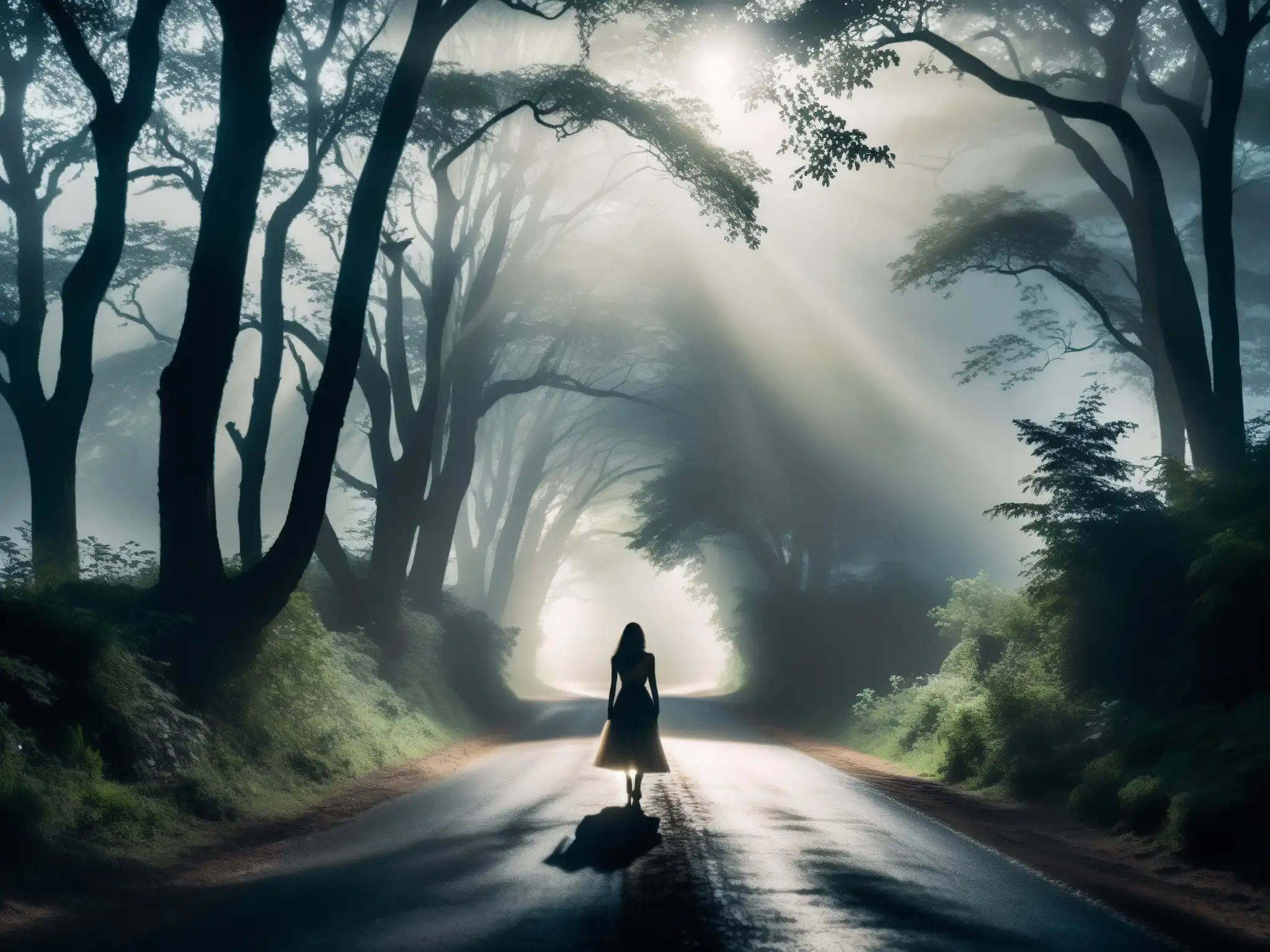 La Cegua: Misteriosa figura en el bosque nocturno Un misterioso bosque nocturno, la leyenda urbana de La Cegua se fusiona con la atmósfera de temor y fascinación