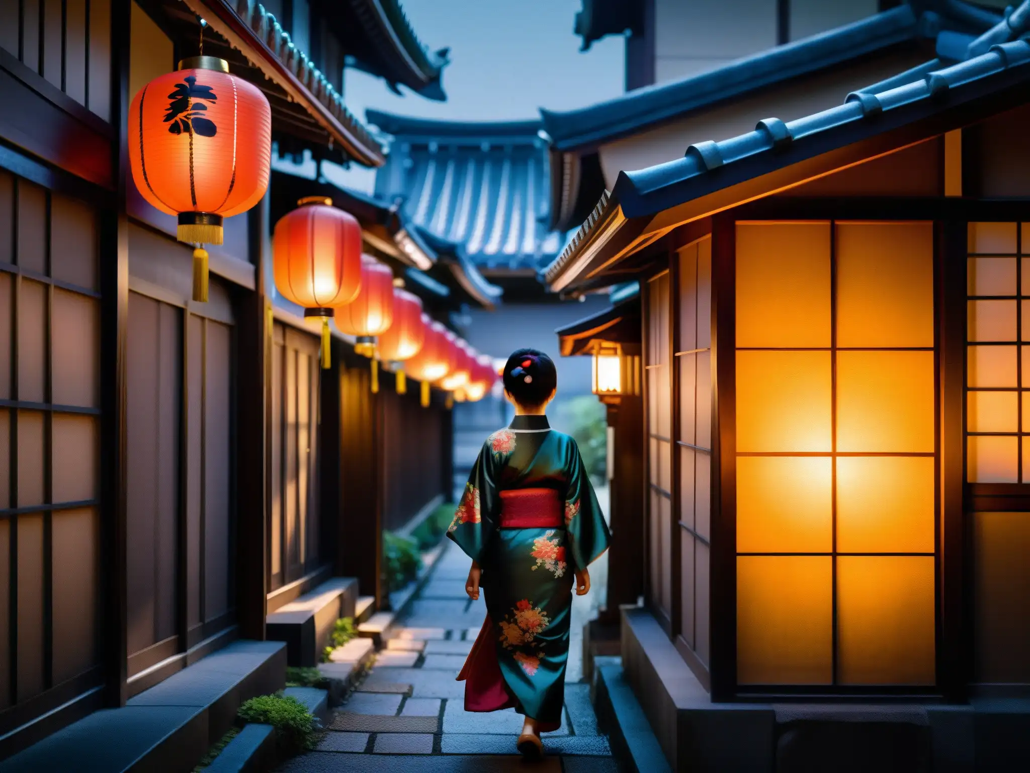 Un misterioso callejón de Tokio iluminado por faroles tradicionales, con una figura en kimono