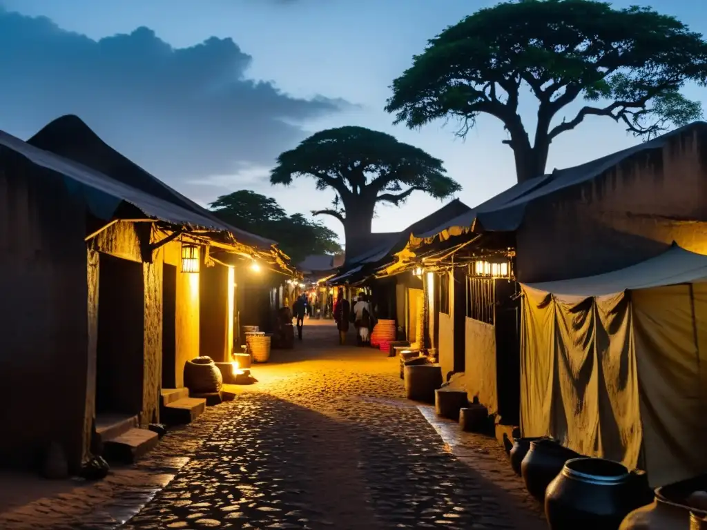 Un misterioso callejón del mercado Kumasi, con figuras fantasmales entre los puestos