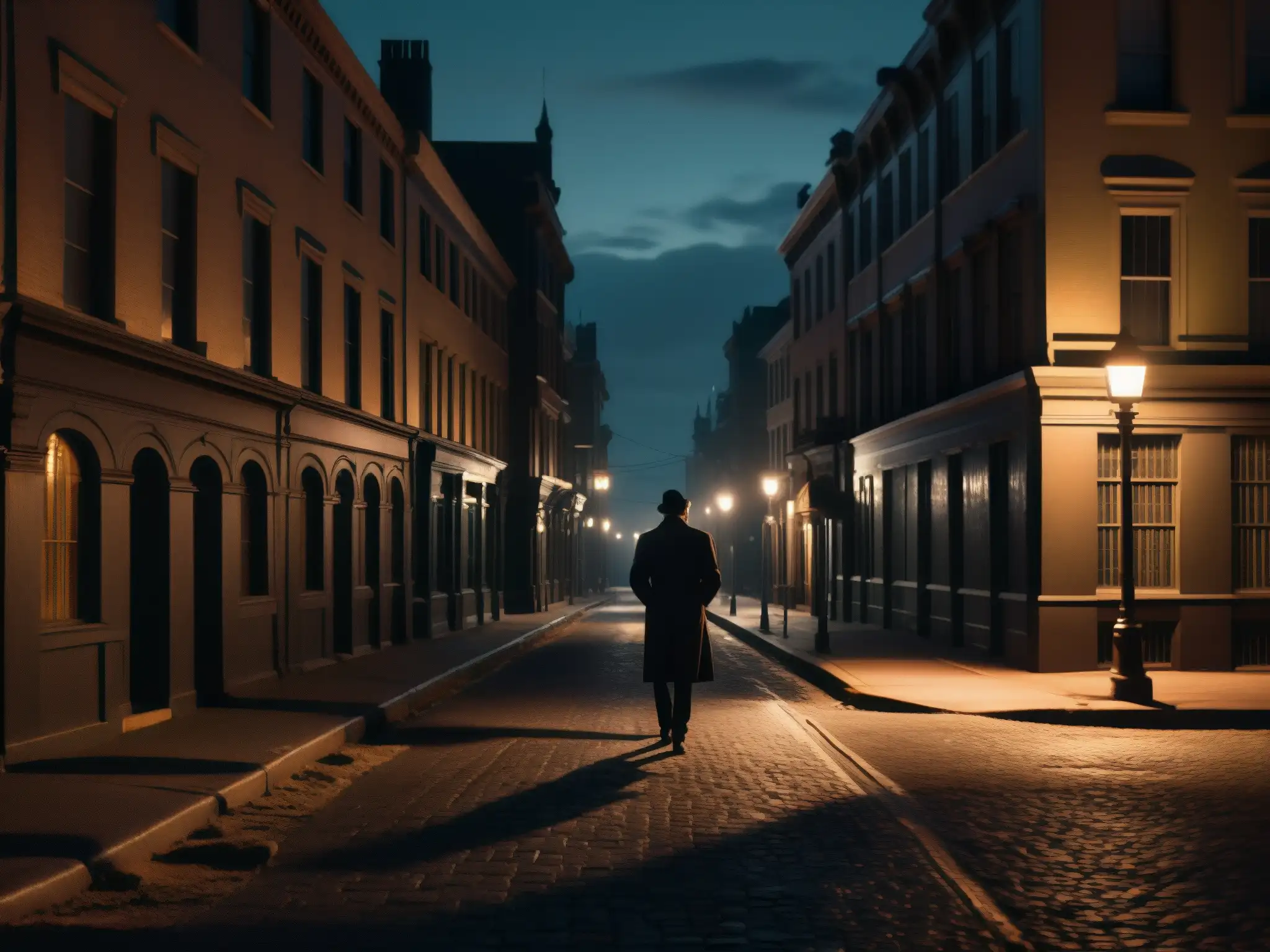 Un misterioso callejón nocturno de la ciudad con figuras fantasmales, evocando leyendas urbanas y mitos