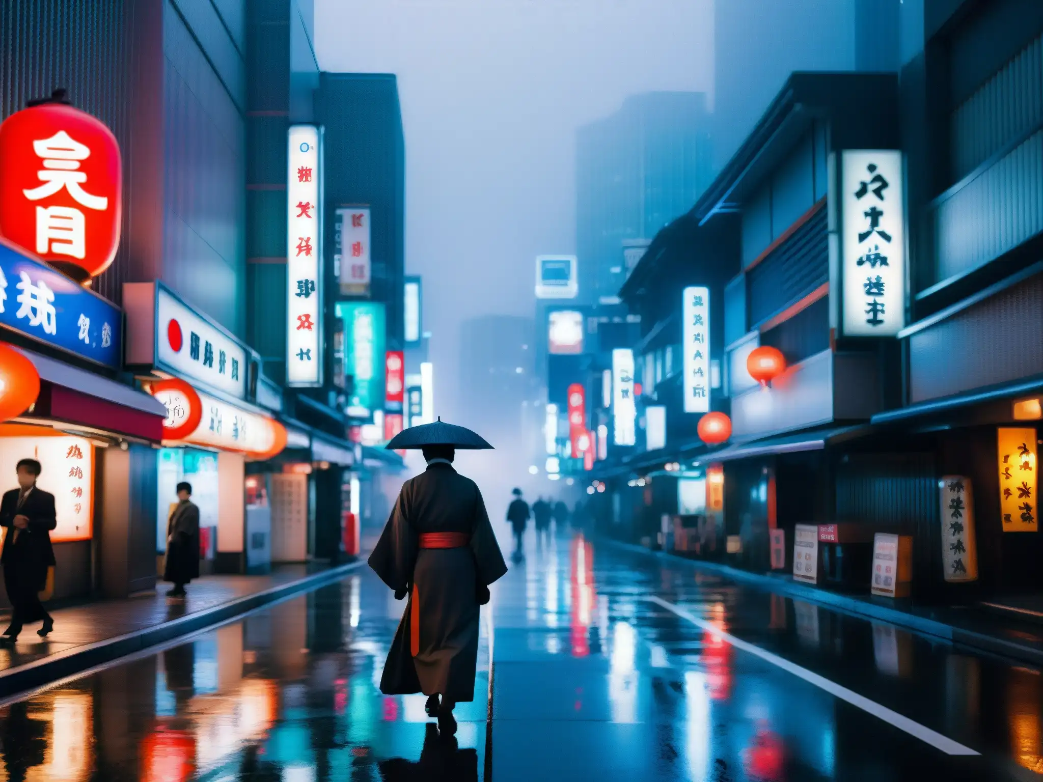 Un misterioso callejón de Tokio con neón reflejado en el suelo húmedo