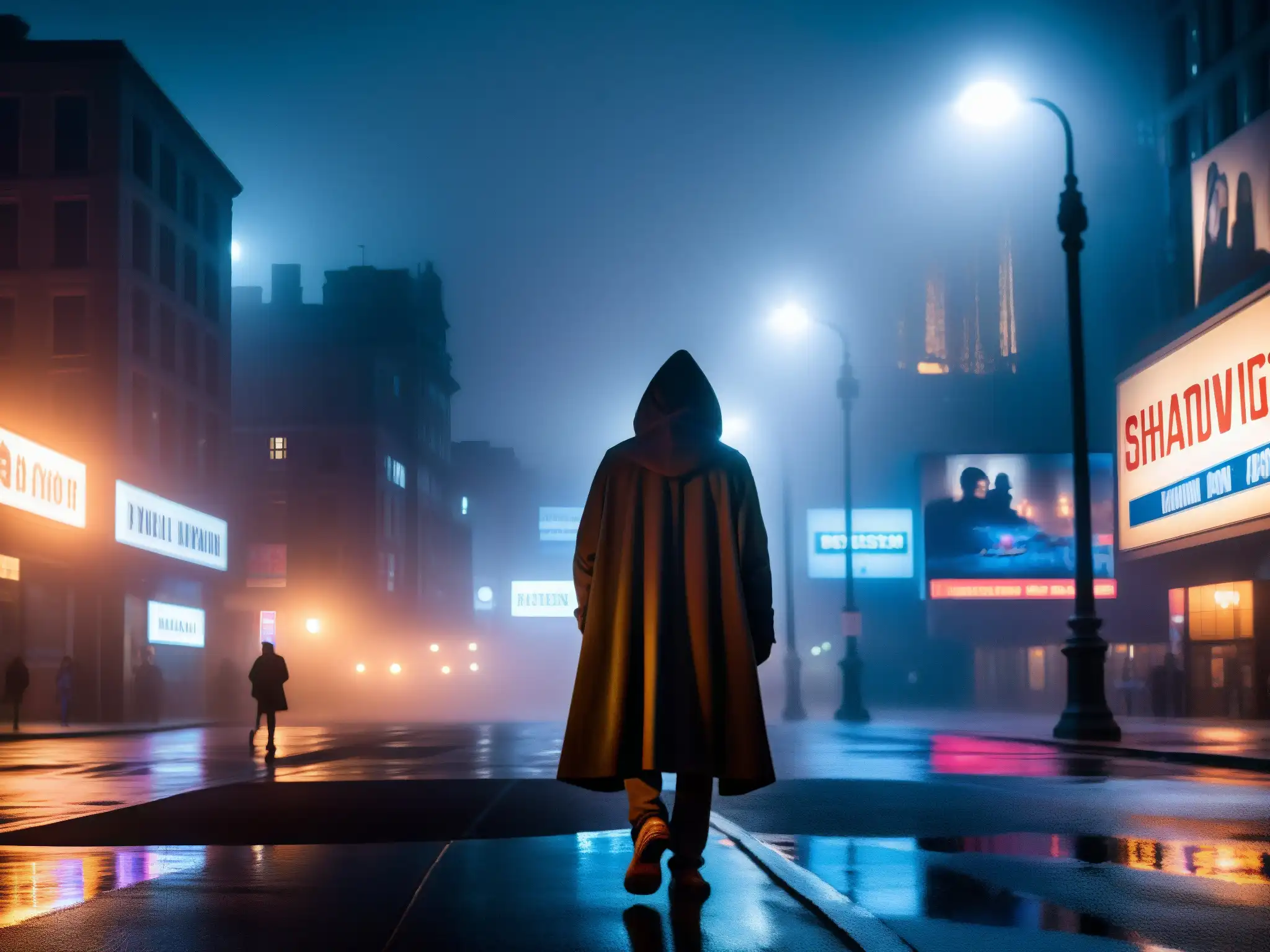 Un misterioso callejón urbano de noche con una figura bajo una farola titilante, rodeada de neblina
