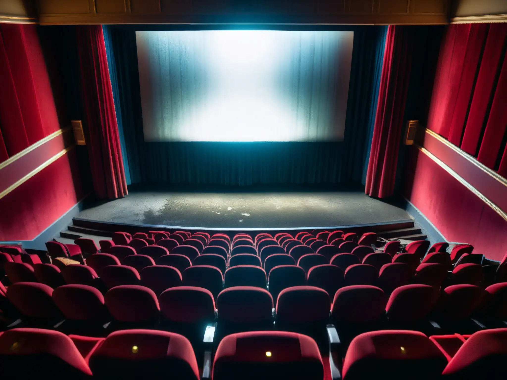 Cine fantasmal de Bollywood: misterio y nostalgia En el misterioso cine Bollywood, el fantasma operador agrega un toque de intriga a la atmósfera vacía y polvorienta