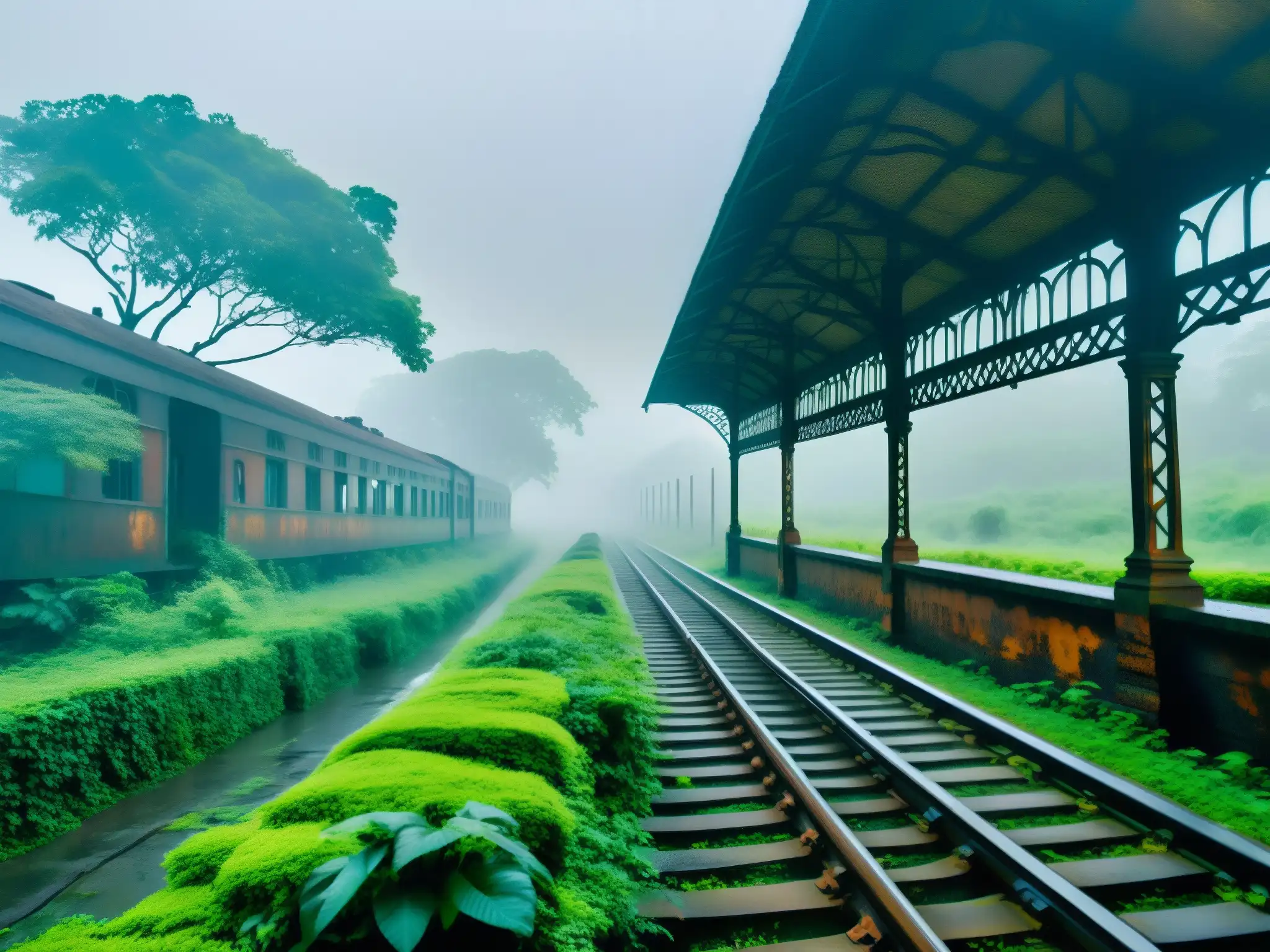 Estación de tren abandonada en la selva de Bengala: misterio y belleza Un misterioso y evocador paisaje de la estación de tren abandonada en la remota jungla de Bengal, India