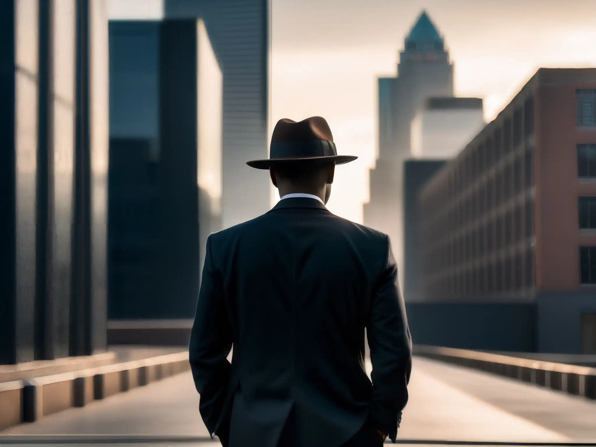 Figura misteriosa en la ciudad: el enigma de los Hombres de Negro Un misterioso hombre de negro en la ciudad, con rostro oculto, evocando el origen y propósito de los Men in Black