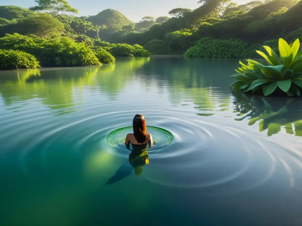 Misteriosa criatura del lago en un entorno sereno Un misterioso lago rodeado de exuberante vegetación, con la luz del sol bañando el agua