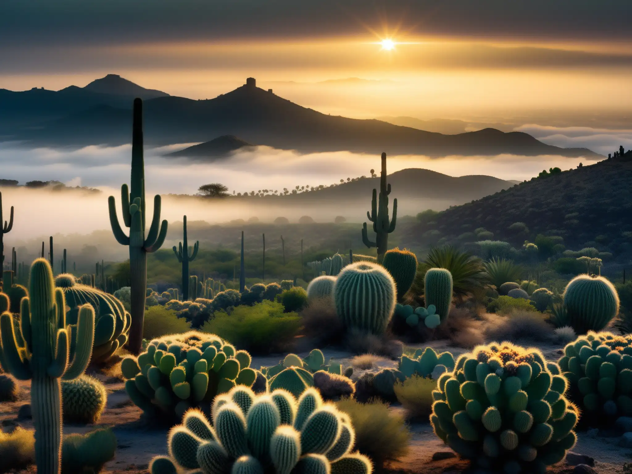 Misterioso paisaje de la Zona del Silencio en México: cactus y neblina Misterioso paisaje de la Zona del Silencio en México, con cactus y desierto envueltos en niebla, evocando un aura de misterio y desolación