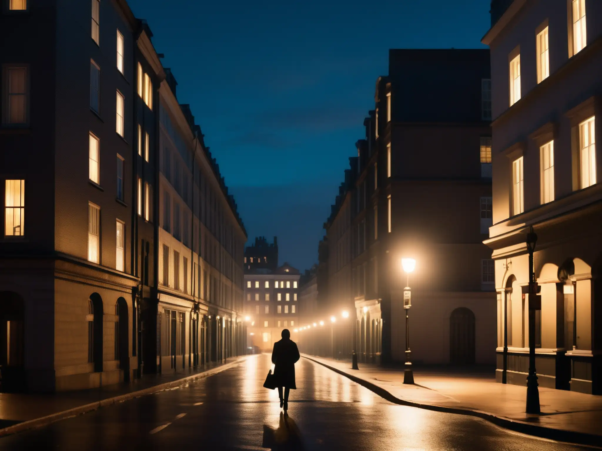 Un misterioso paseante solitario bajo la luz de la calle en una ciudad oscura, evocando el impacto de leyendas urbanas en publicidad