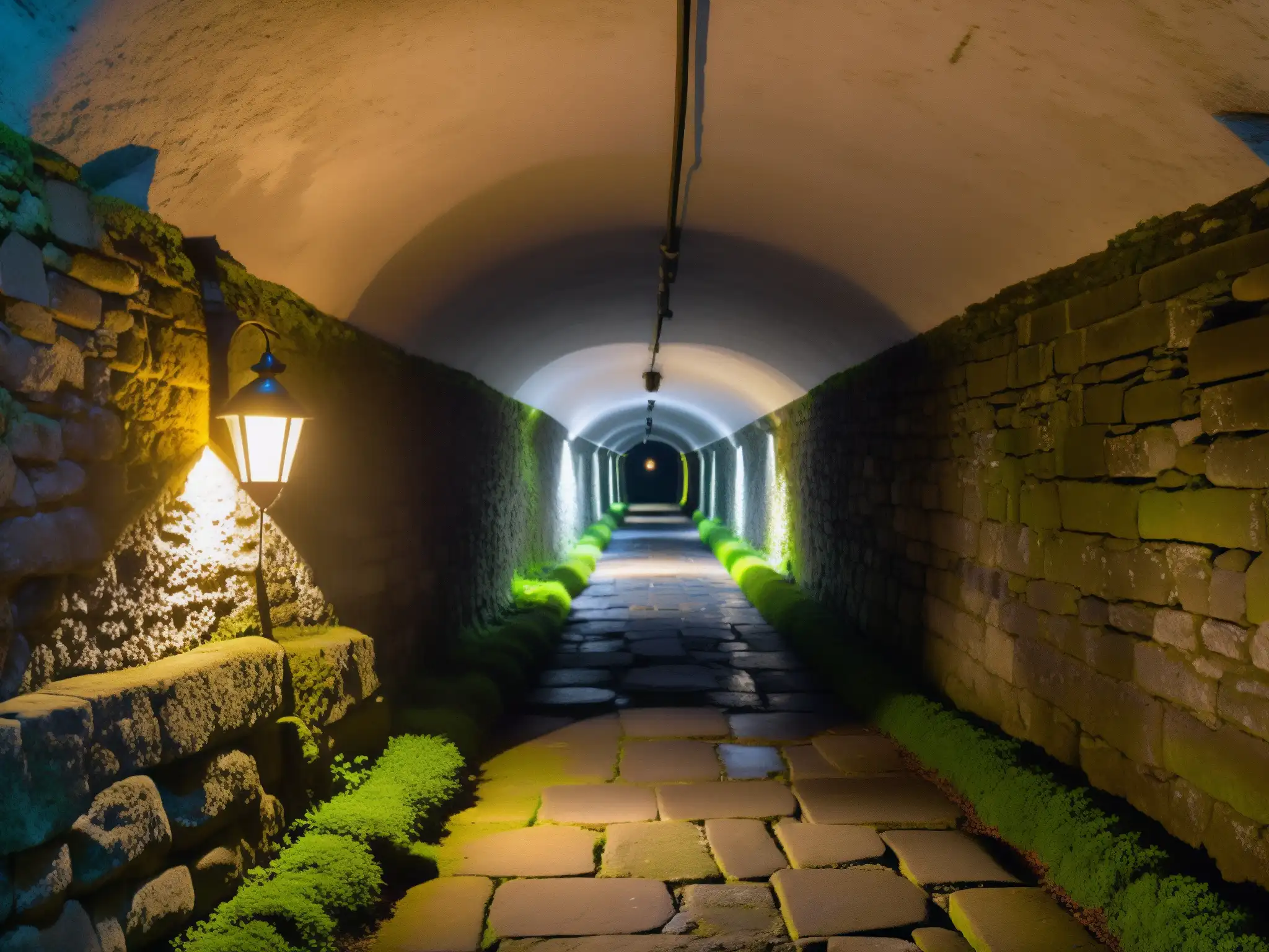 Corredor subterráneo misterioso con linterna parpadeante Un misterioso túnel subterráneo iluminado por una linterna titilante, con paredes de piedra cubiertas de musgo