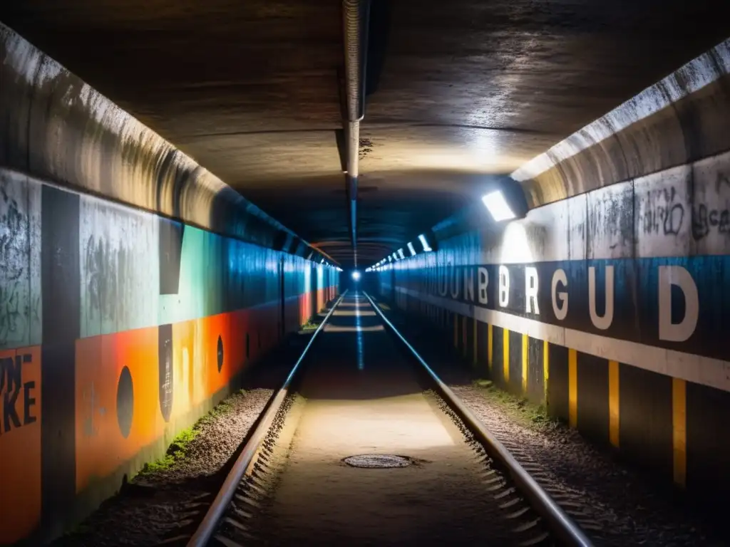Misteriosos túneles subterráneos con graffiti y luces tenues Explora los misteriosos túneles subterráneos, con paredes graffiteadas y tenue iluminación