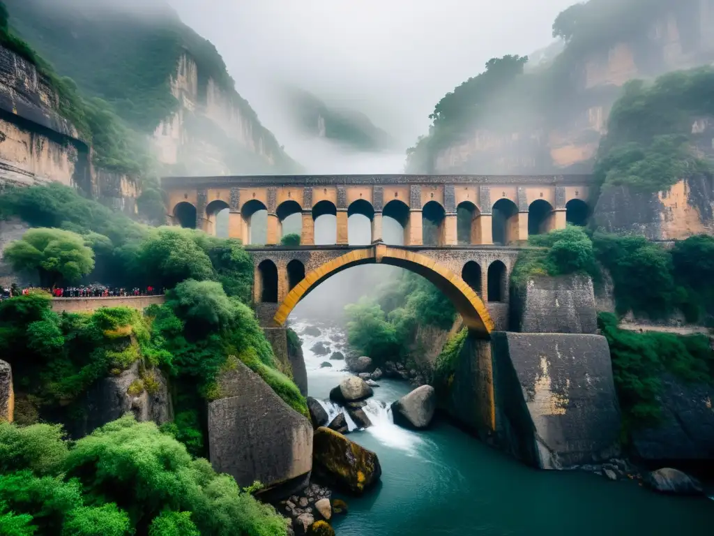 Misterioso Puente del Diablo en Dinamarca: Niebla y leyendas El místico Puente del Diablo en Dinamarca, envuelto en niebla, con adornos misteriosos y una atmósfera mítica