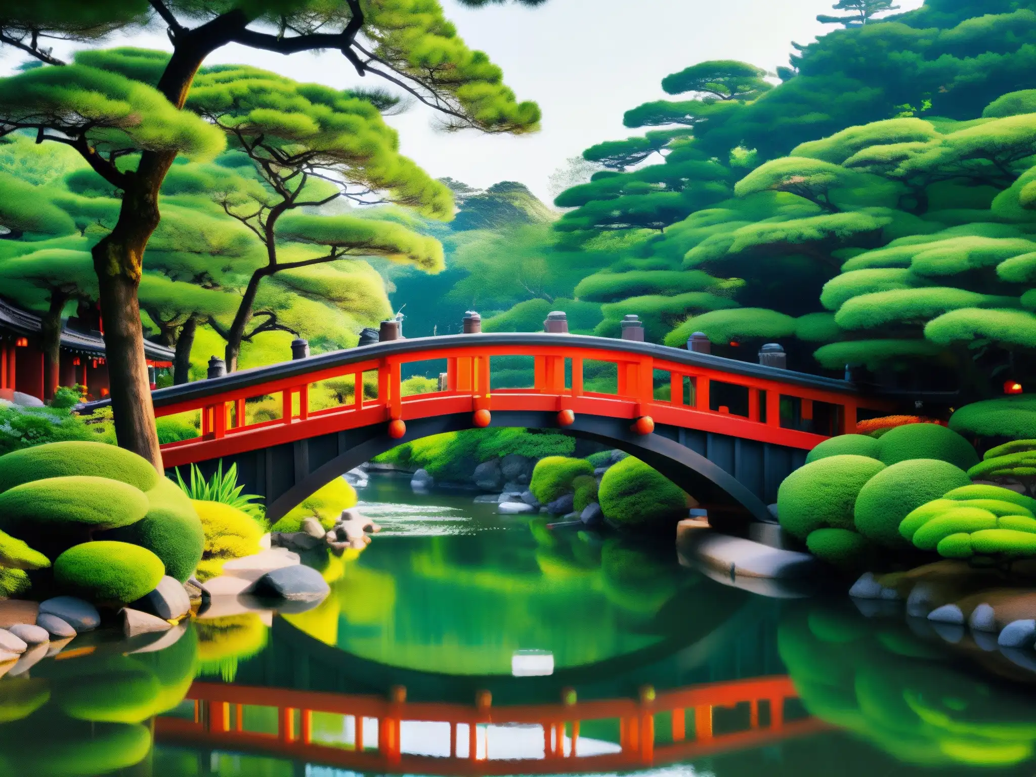 Puente Inari: Encanto natural y serenidad ancestral El místico puente Inari evoca un mundo de espíritus en medio de exuberante vegetación